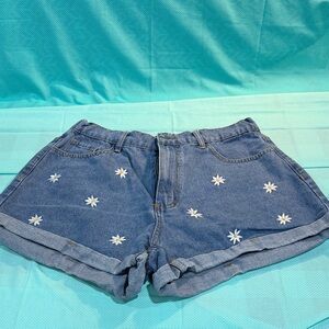 SHEIN Blue Jean Shorts with Floral Embroidery